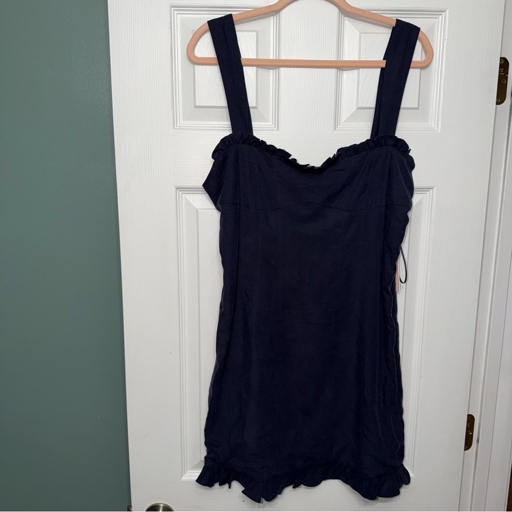 AQUA Navy Dress With Ruffle Hem and Bow Straps